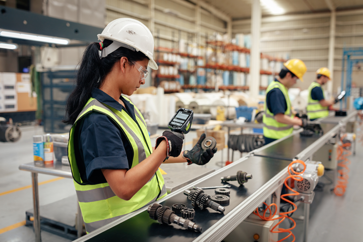 An operator scanning RFID tags on materials or products, illustrating the practical use of the technology.